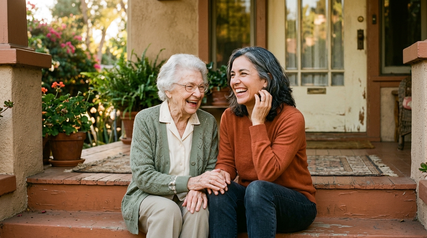 An adult daughter and her elderly mother laughing together on a sunlit front porch