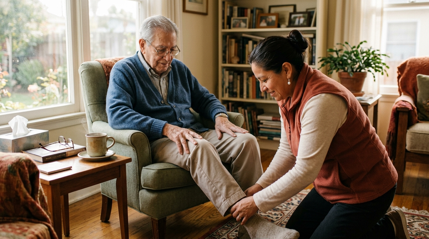 A caregiver helping an older man at home