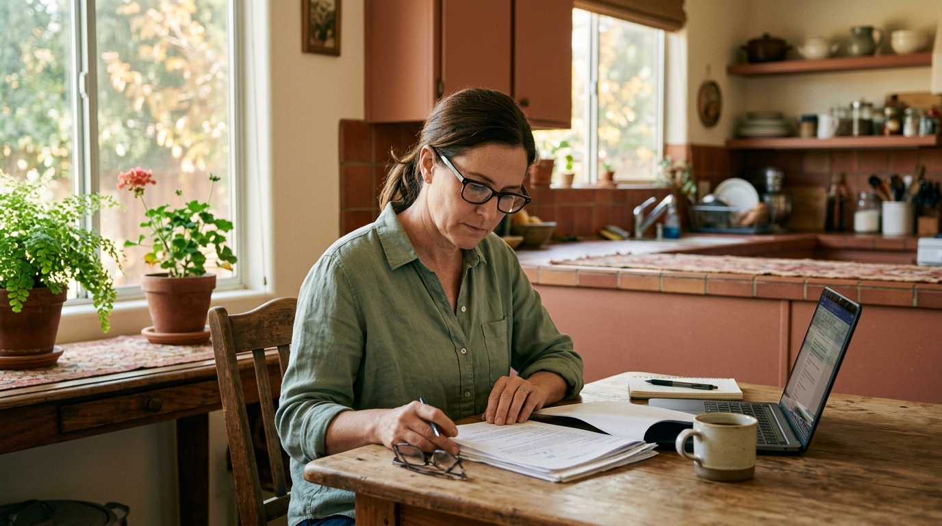 An adult daughter reading senior care paperwork at her kitchen table